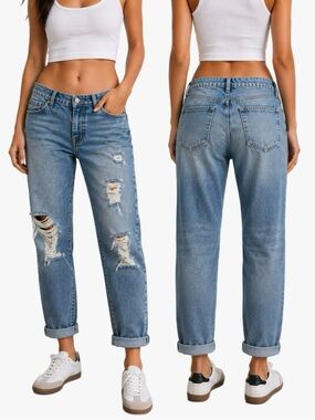 Gap Sexy Boyfriend Jeans Size 10 Medium Wash Distressed Ripped Low Rise Denim
